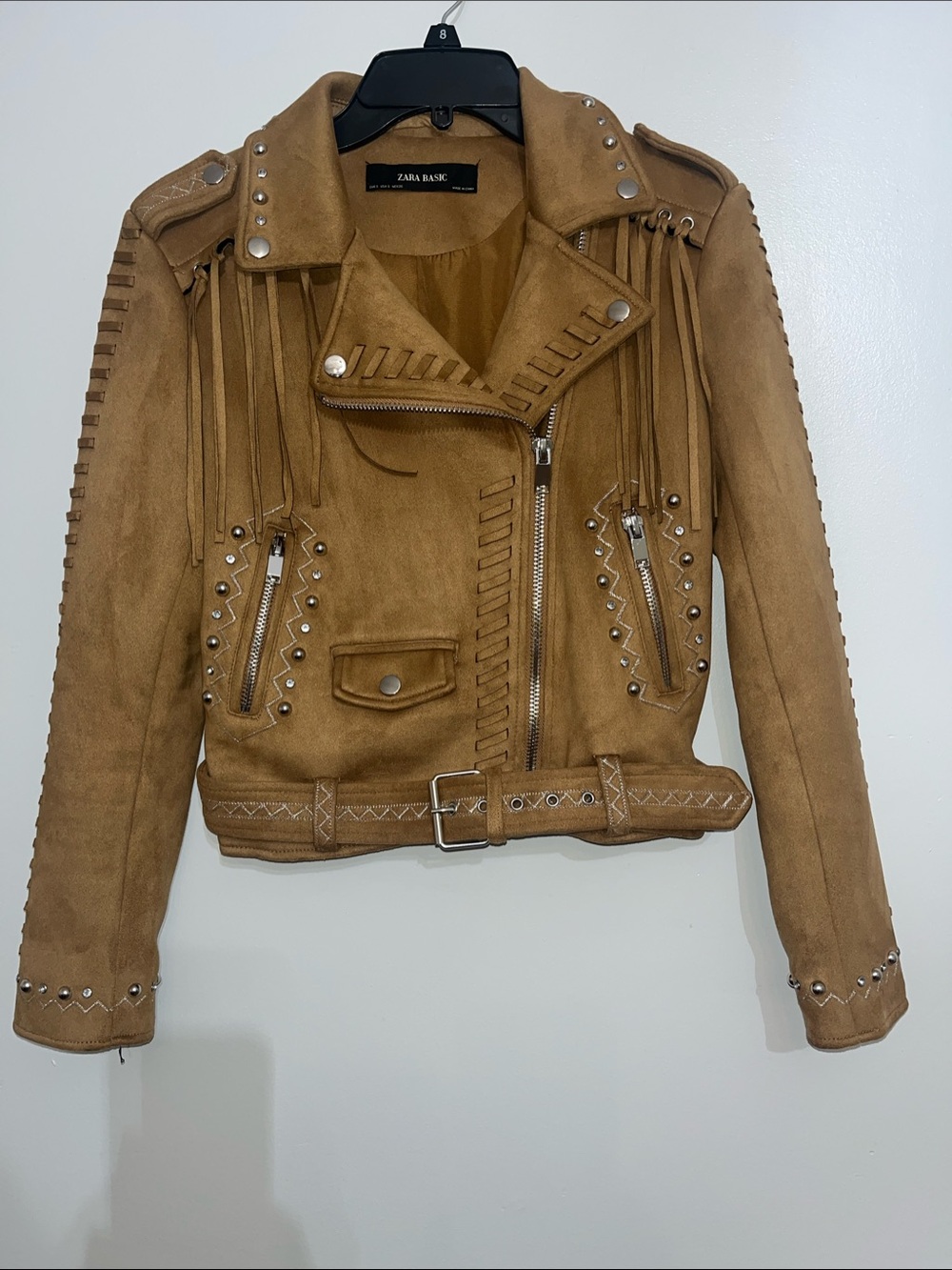 Zara Faux Suede Fringe & Studded Tan Moto Jacket